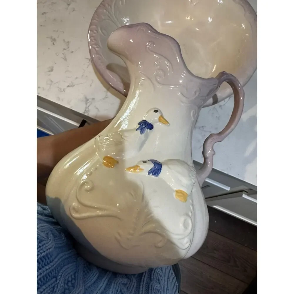 Ceramic goose pitcher & basin embossed geese floral scrollwork purple ombre rim